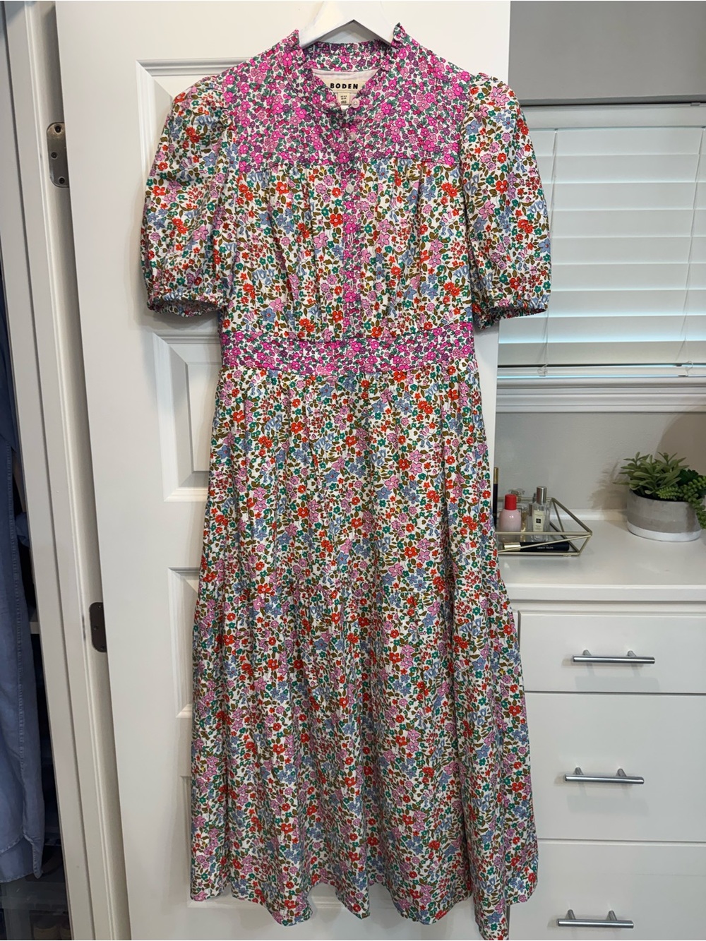 Boden Pink Floral Maxi Dress with Puff Sleeves